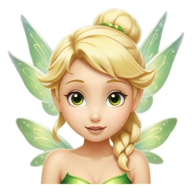 Cinematic Realistic Blonde Tinker Bell Fairy Portrait, head tilted playfully and inquisitively, showcasing a delicate pixie form with finely detailed, golden blonde hair and softly glowing, translucent wings that catch the light with a cascade of fairy dust. Her bright, curious eyes sparkle with mischief and wonder, rendered with lifelike clarity and warm, gentle lighting that captures the essence of a spirited, charming fairy ready to flutter playfully into your heart. sticker
