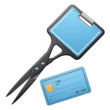 Floating black Scissors cutting a light blue military ID card in 2 parts .hyper realistic sticker