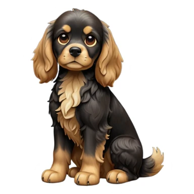 cinematic-[cocker spaniel dog]-realistic-full-body-sitting-emoji,-tail-resting-loosely-beside-its-paws,-head-tilted-dramatically,-scruffy-[black]-fur,-simplified-yet-realistic-focused-features,-highly-detailed,-glowing-with-an-almost-sarcastic-glow sticker