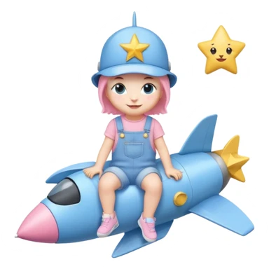 adorable kitten in pastel blue denim overalls, pastel blue sneakers, pastel pink hat with a star, sitting on a rocket, smiling, emoji style sticker