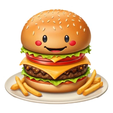 Burger on a plate with fries. The burger is smiling and drooling- looks euphoric and delicious.  sticker