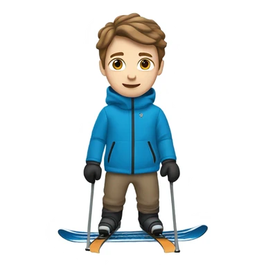 White boy with brown hair skiing on blue skis. Wearing a light gray coat. And a pair of black snow pants.  sticker