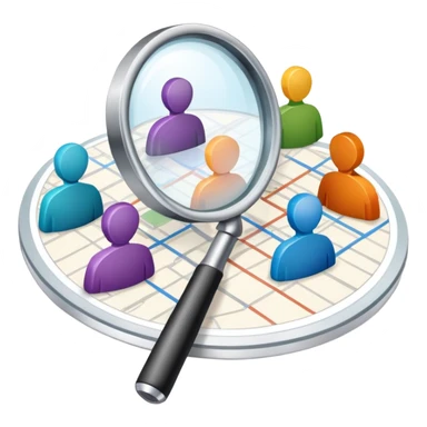 An icon featuring a group of diverse people, a social network diagram, and a magnifying glass, symbolizing sociology. The design includes charts and interconnected lines, representing the study of societies, relationships, and social behavior. Transparent background highlights social analysis. sticker
