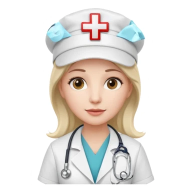 female doctor with white uniform and white hat with hospital logo on hat sticker