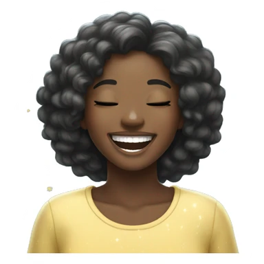 A cute, cheerful black girl laughing, straight hair, and eyes closed in joy, surrounded by light blue sparkles sticker