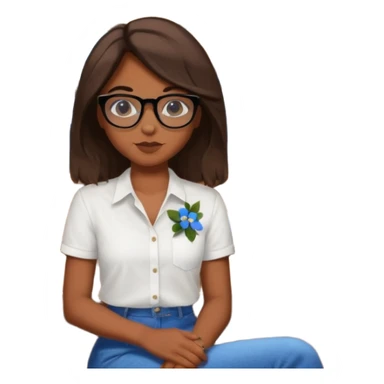 No pero que las florecitas azules estén en la camiseta dibujadasCréame una chica morena de pelo más o menos por los hombros con granitos en la cara y unas gafas negras, que esté sentado en una silla de bar con una camisa blanca con florecitas azules sticker