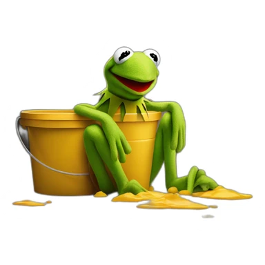Sa kermit, sitting on the ground against a wall, holding a bucket in his hands with theses flowing into the bucket  sticker