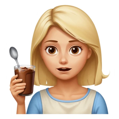 Nutella with a spoon. The glas of Nutella is almost empty . Only the one carriage of Nutella. Next to the Nutella is the head of a blond woman who is desperate to eat the Nutella  sticker
