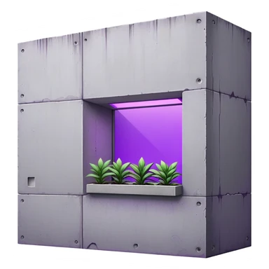 Minimalist gray concrete panel building, slight ghetto vibe, one window with bright purple ultraviolet light for growing plants, simple rectangular shape, stark and bare sticker