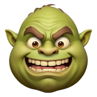 Cinematic Comical Ogre Portrait Emoji, with a strikingly exaggerated, bulky figure in vivid earthy greens and browns, head tilted in a dramatically surprised expression with wide, comically bulging eyes and a goofy, oversized grin, simplified yet hilariously exaggerated, highly detailed with a soft, cartoonish glowing outline capturing the playful absurdity of a meme-worthy ogre! sticker