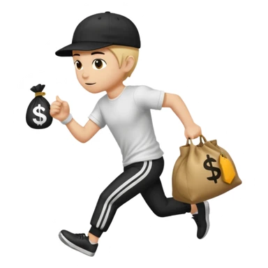 Thief with black cap white t-shirt with black tripes all ower the shirt emoji runing with money bag sticker