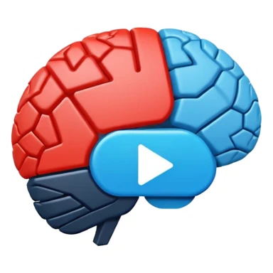 Minimalist flat icon design, brain silhouette with YouTube play button triangle integrated inside, clean vector style, single color or gradient, simple lines, professional logo style, white background, centered composition sticker