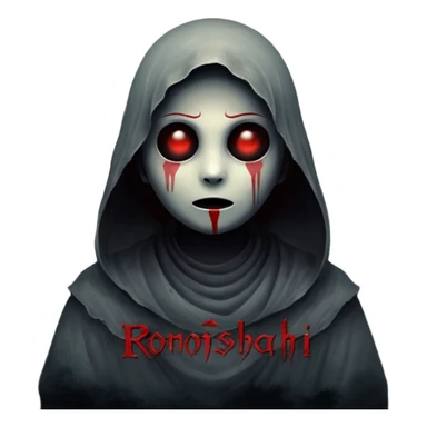 Dark horror wallpaper, 1080x2400, smoky grey charcoal background, subtle eerie light, misty fog, floating dust ("dhoasha dhoasha"), centered text "ROJONI" in distressed horror font, faint red smears, cinematic grain, spooky vibe --ar 9:20 --v 5 sticker