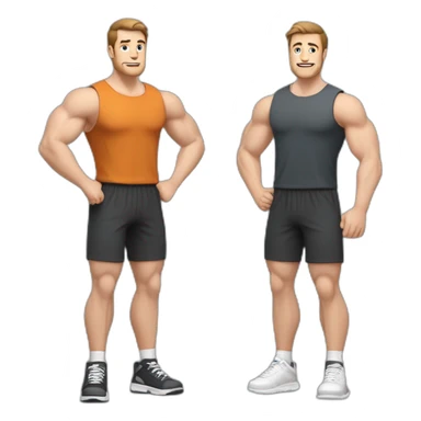 Full height Actively gesturing with hands Pale skinned Fit Man With the biceps and brown hair in dark gray Sleeveless Mike, black oversize sports shorts, watch and white Sneakers sticker