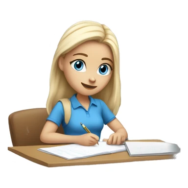 White Smart girl with blue eyes and light skin doing Homework on a desk writing on a piece of paper  sticker
