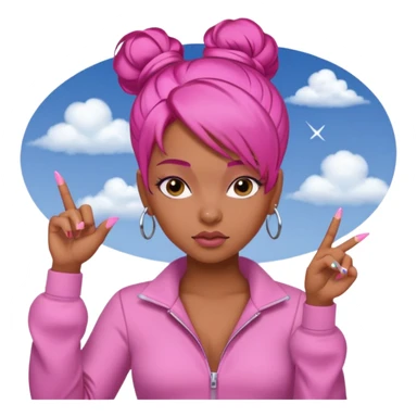 Brownskin girl , pink hair , edges ,  sassy looking pointing at the sky while pouting, pink nails, hair a slick back bun, with a pink jumpsuit  sticker