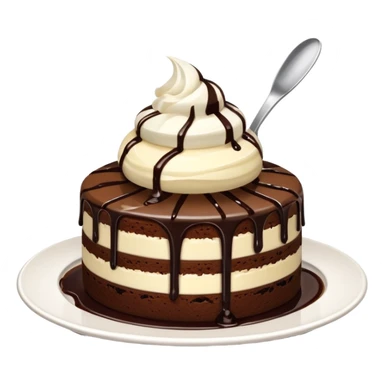round chocolate cake with a scoop of vanilla ice cream, chocolate syrup drizzle, on a white plate, minimal and clean emoji style sticker