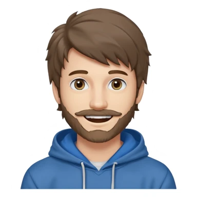 20 year old man, short scruffy beard and thin moustache, brown puffy mullet, blue eyes, big smile, white teeth, big lips, pronounced jaw, hair longer in back, sticking up on top, thin face, grey hooded sweatshirt, pale skin, big smile, blue eyes, puffy hair that is long in back, blue eyes, no bangs sticker