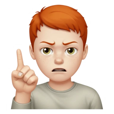 angry young boy pointing fingure at his own face sticker