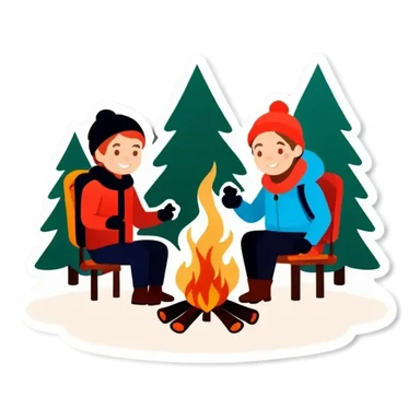 Drei Personen, Lagerfeuer in schneebedeckten Wald mit Nordlichtern am Himmel sticker