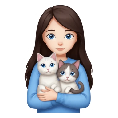 a girl with long dark 
brown hair, with blue eyes, in a
white sweater, hugs 3 different natural coloured cats sticker