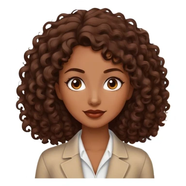Dark brown lady with medium brown mid length curly hair in real estate job with house sticker
