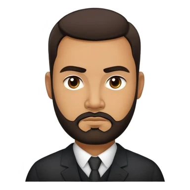 Heavier-set producer with light brown skin, pear-shaped face, full cheeks, serious dark eyes, thick eyebrows, wide nose, confident expression, short well-groomed beard, very short dark hair, wearing a black dress shirt sticker