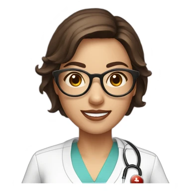 A single smart female nurse with uniform with golden round glasses with short dark brown hair with beautiful smile and pinky lip sticker
