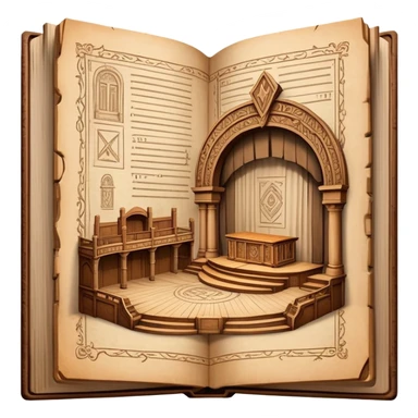 Ancient book with pages open wide displaying multiple theatrical set sketches, perspective drawings of stage designs, backdrop illustrations with Puerto Rican symbols integrated, wooden cover edges sticker