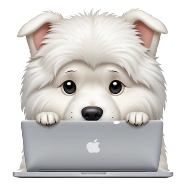 A busy white dog typing on a laptop looking stressed and overwhelmed sticker