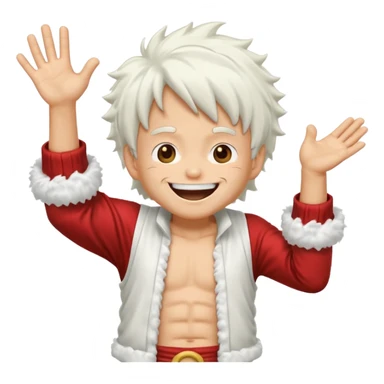 a joyful cartoon-style emoji of Luffy as a laughing character with wild, fluffy white hair, and a glowing white outfit. The character should have a big open smile, one hand on its face in laughter , and be in a dynamic mid-air pose with bent legs, as if carefree and floating. sticker