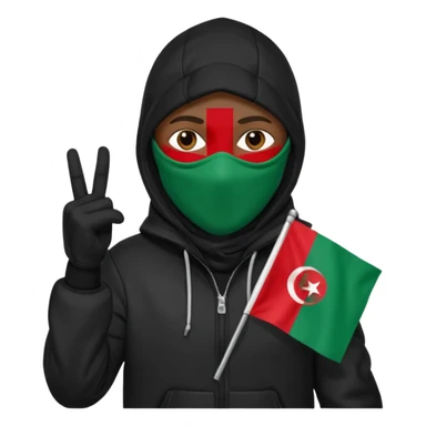 fait une personne habiller tout en noir avec une veste et une capuche et une cagoule qui tient un drapeua d'algerie dans sa main droite sticker