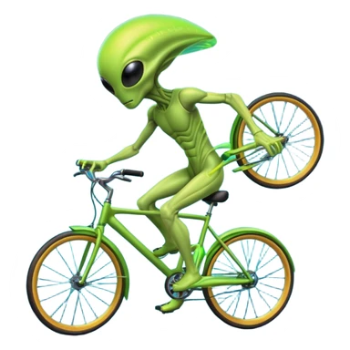 energy alien riding a bicycle, glowing light body, floating energy trails, non-physical alien form interacting with bike, fantasy sci-fi vibe, 3D cartoon, mobile game icon style, clean background, no text, no watermark
 sticker