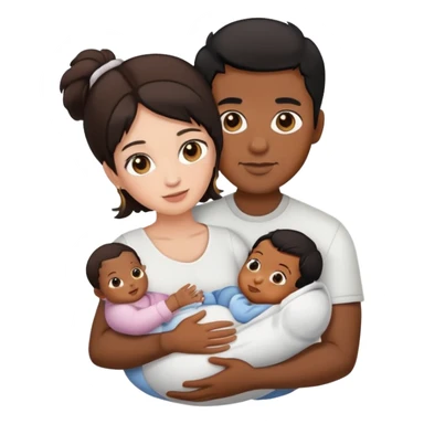 Couple male with brown skin black hair and brown eyes, female with brown hair hazel eyes and white skin holding a baby sticker