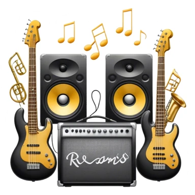 Icon for R&B Music Listening: large concert speakers and headphones with waves of musical notes coming out, along with drums, bass guitar and saxophone. The icon should convey the energetic and rhythmic vibe of R&B music. Transparent background sticker