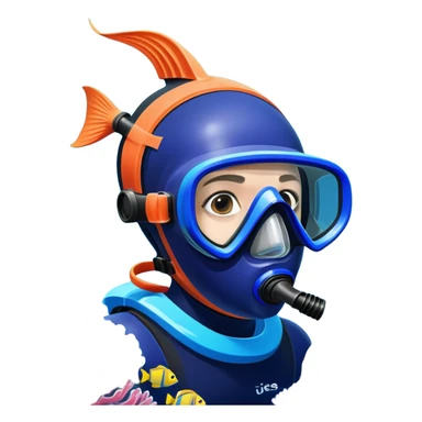 An icon featuring a close-up of a freediving mask and snorkel, with a breath-holding diver's fins, set against a vibrant underwater world. The design includes coral reefs, fish, and bubbles, symbolizing the serene beauty and thrill of freediving. Transparent background highlights the calm sticker