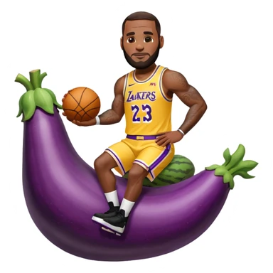 Lebron wearing a lakers jersey riding a big eggplant sticker