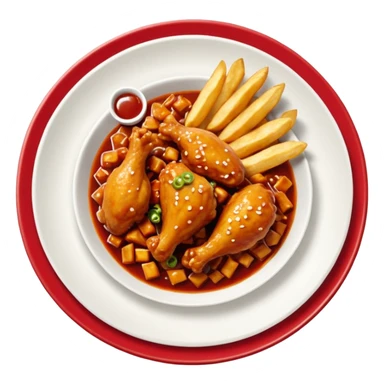 Plato redondo visto desde arriba con pollo estilo General Tso, trozos crujientes bañados en salsa agridulce brillante color rojo, acompañado de arroz blanco esponjoso y papas fritas doradas gruesas al lado sticker