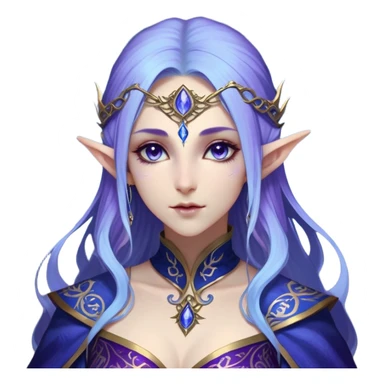 Cinematic Realistic WoW Elf Mage Portrait, depicted with ethereal, otherworldly beauty and refined arcane mastery. Clad in an intricately detailed robe in consistent deep blues and purples accented with shimmering gold filigree, her luminous, porcelain-like skin and delicate features evoke timeless elegance. Her piercing, mystical eyes radiate ancient wisdom, rendered with lifelike texture and subtle, magical lighting, high shine, noble and majestic, capturing the essence of a legendary elven sorceress. sticker