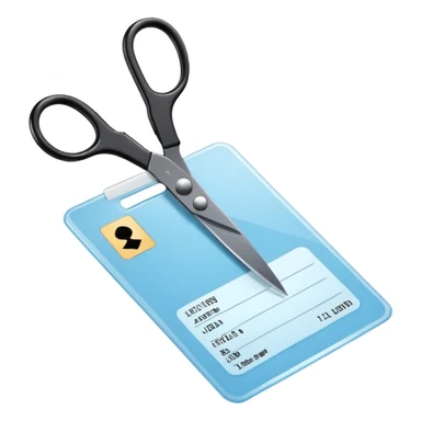Floating black Scissors cutting a light blue military ID card in 2 parts .hyper realistic sticker