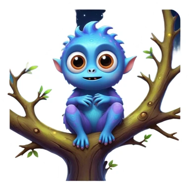 3D, create an image of a cartoon monster with big eyes sitting on a tree branch, thomas kinkade and paul lehr, pixar cute character design, by Anne Stokes, splashes of neon galaxies, adorably cute, drew struzan inspiration, 2019, by Wojciech Korneli Stattler, beautiful mattepainting sticker