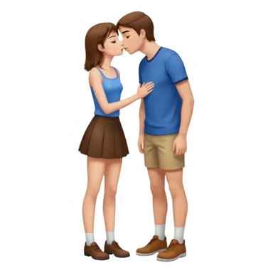 A naked girl with brown hair and bare small breasts openly kisses a tall guy with brown hair full-length on the lips. she is with naked boobs She is wearing a very short skirt and is in full height. sticker
