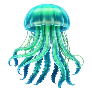 3D render of Jellyfish, bioluminescent deep sea style, glowing neon blue and green lights, dark background to contrast the glow, translucent organic textures. sticker