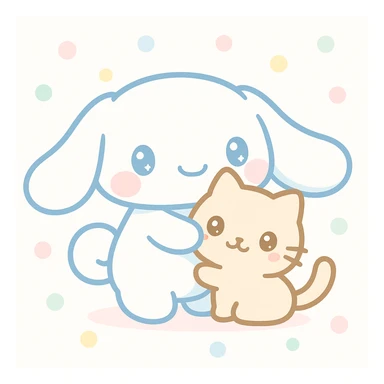 Cinnamoroll hugging a cat, kawaii style, soft blue and white, adorable and friendly sticker