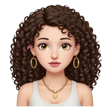 white girl with long dark brown curly hair with a little volume wearing a white tank top. Blush on the cheeks and big eyelashes and a brown-pink lip combo. gold hoops as earrings(medium size)  and a small gold hoop for a nose ring  and a square small denty gold necklace  sticker