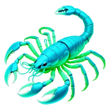 3D render of Radioactive Scorpion, bioluminescent deep sea style, glowing neon blue and green lights, dark background to contrast the glow, translucent organic textures, more emission. sticker
