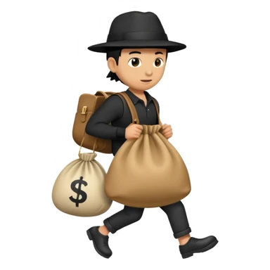 side view of a thief escaping with a money bag hanging on the back sticker