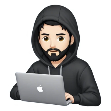 hackeur blanc cheveux noir barbe et capuche noir avec un macbook sticker