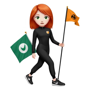 white girl wearing orange cameo trousers and along sleeve high neck black bodysuit with black and white Nike trainers. she has red hair and bluey green eyes and is holding flag with her logo on  sticker