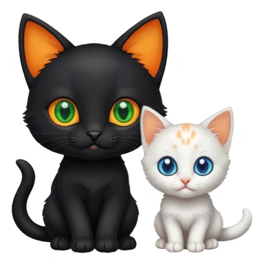 Black kitten with green eyes with small white kitten with orange spots and blue eyes adorable cute tiny  sticker